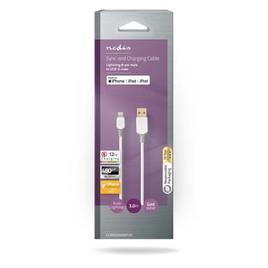 Nedis Lightning Kabel | USB 2.0 | Apple Lightning, 8-stifts | USB-A Hane | 480 Mbps | Guldplaterad | 3.00 m | Rund | PVC | Grå / Vit | Låda