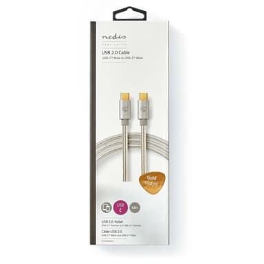 Nedis USB-kabel | USB 2.0 | USB-C™ Hane | USB-C™ Hane | 100 W | 480 Mbps | Guldplaterad | 1.00 m | Rund | Flätad / Nylon | Silver | Kartong med täckt fönster