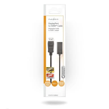 Nedis Displayport-kabel | DisplayPort Hane | HDMI™ Utgång | 1080p | Nickelplaterad | 0.20 m | Rund | PVC | Svart | Kuvert