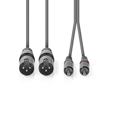 Nedis Balanserad ljudkabel | 2x XLR 3-Pin Hane | 2x RCA Hane | Nickelplaterad | 3.00 m | Rund | PVC | Mörkgrå | Kartonghylsa