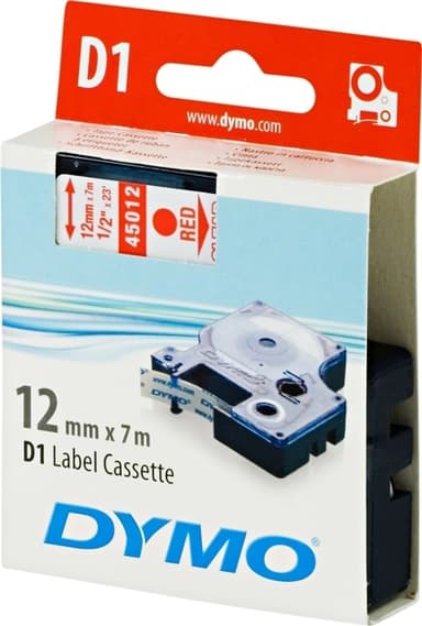 DYMO D1 märktejp standard 12mm, rött på transparent, 7m rulle (45012)