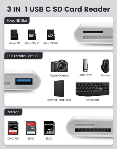 NÖRDIC USBC kortläsare UHSI SD/Micros SD USBA 3.0 Elgiganten