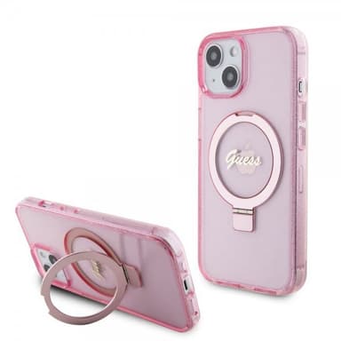 Guess iPhone 15 Skal Ring Stand Glitter MagSafe Rosa