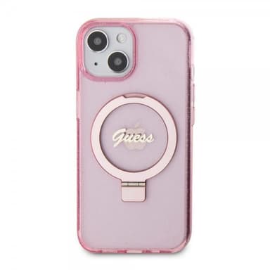 Guess iPhone 15 Skal Ring Stand Glitter MagSafe Rosa