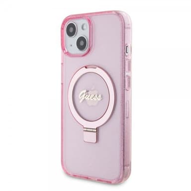 Guess iPhone 15 Skal Ring Stand Glitter MagSafe Rosa