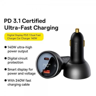 Baseus Billaddare Digital Display PD3.1 Dual Cast Car Charger 140W
