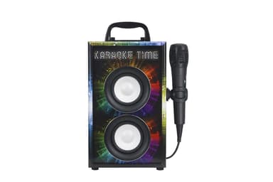 Karaokemaskin , högtalare, mikrofon, lampa och FM-radio