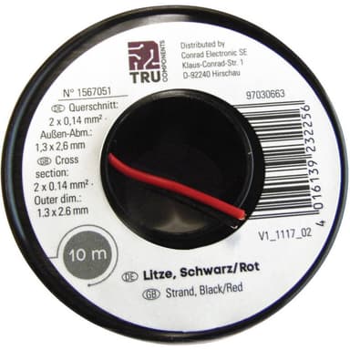 TRU COMPONENTS 1565203 Flätad kabel 2 x 0.14 mm² Svart,