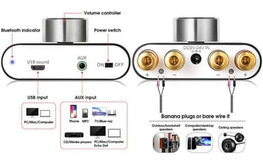 Bluetooth 5.0 Stereo amplifier digital Audio förstärkare 2x50W AUX/USB/BT blå