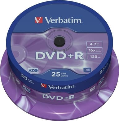Verbatim DVD+R, 16x, 4,7 GB/120 min, 25-pack spindel, AZO (43500)