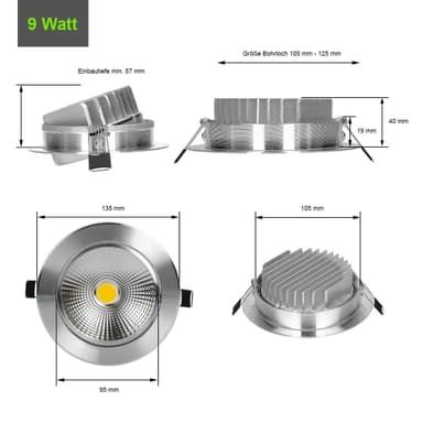 ECD Germany 2-pack LED infälld ljus COB 9W 230V - silver - aluminium - Ø 135 mm