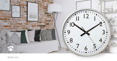 Nedis Väggklocka | Diameter: 380 mm | Plast | Silver / Vit