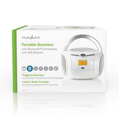 Nedis CD-spelare Boombox | Batteridriven / Strömadapter | Stereo | 9 W | Bluetooth® | FM | USB-uppspelning | Bärhandtag | Vit