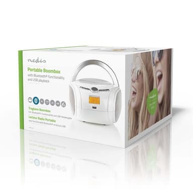 Nedis CD-spelare Boombox | Batteridriven / Strömadapter | Stereo | 9 W | Bluetooth® | FM | USB-uppspelning | Bärhandtag | Vit