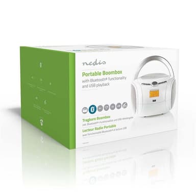Nedis CD-spelare Boombox | Batteridriven / Strömadapter | Stereo | 9 W | Bluetooth® | FM | USB-uppspelning | Bärhandtag | Vit