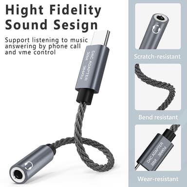 32bit / 384kHz USB-C till 3,5 mm ljudadapterkabel DAC-adapter Grå