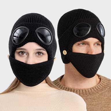Stickad mössa med skyddsglasögonmask Svart