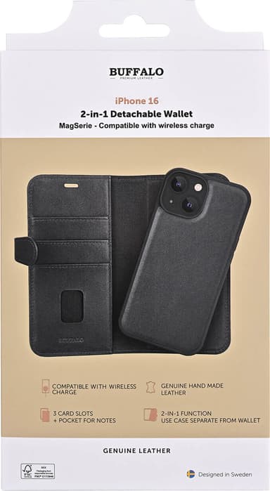 Buffalo iPhone 16 2in1 Läder MagSeries plånboksfodral (svart)