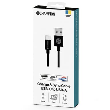 USB-A till USB-C Kabel 2m Svart