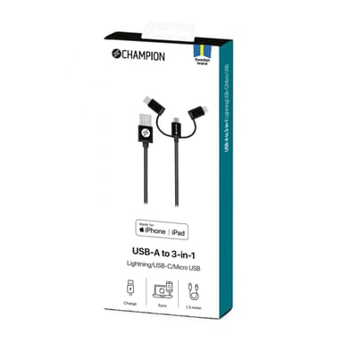 USB-A till Lightning, USB-C och Micro-USB 1,5m Svart