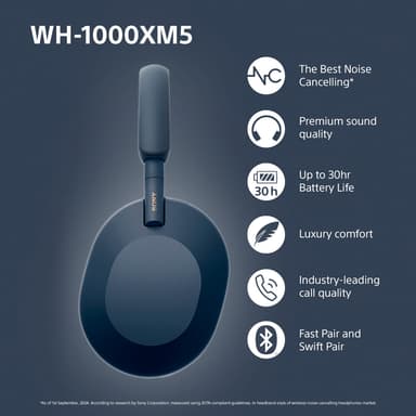 Sony WH-1000XM5 trådlösa around-ear hörlurar (midnattsblå)