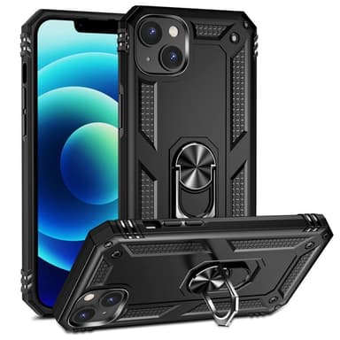 iPhone 14 Hybrid skal med Finger Ring & Metall Plåt - Svart