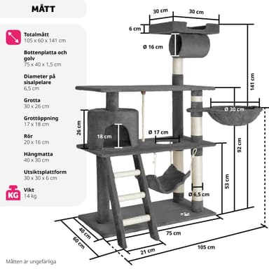 tectake Katt klösträd, klösmöbel Martin - grå