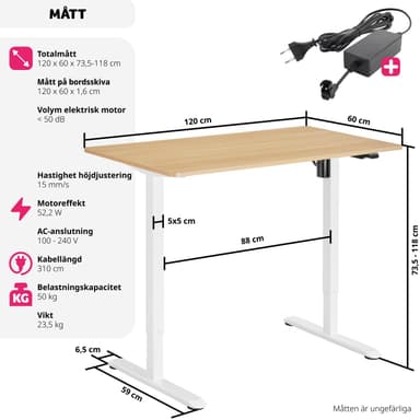 tectake Elektriskt höj- och sänkbart skrivbord Skadi - ek/vit