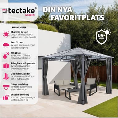 tectake Trädgårdspaviljong Caracas, väderbeständig, takpaneler i polykarbonat - 3 x 3 m