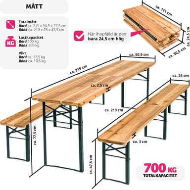 tectake Bord- och bänkset, 3-delad, hopfällbar - brun