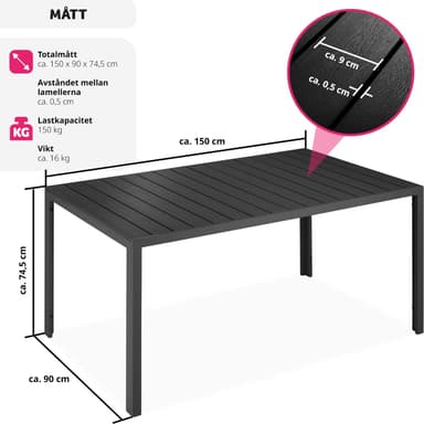 tectake Trädgårdsbord i aluminium Bianca höjdjusterbara fötter 150x90x74,5cm - svart/svart