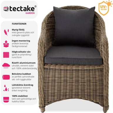tectake Utefåtölj + sittdyna och ryggdyna lyxig aluminium/konstrotting - natur