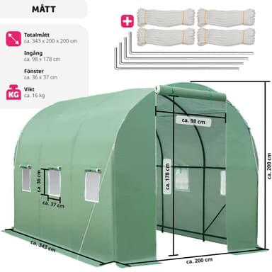 tectake Växthus i tunnelform med 6 fönster 343x200x200cm - grön