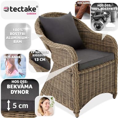 tectake Utefåtölj + sittdyna och ryggdyna lyxig aluminium/konstrotting - natur