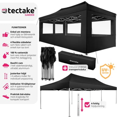 tectake Hopfällbar partytält Viola 3x6 m med 4 sidodelar - svart