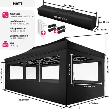 tectake Hopfällbar partytält Viola 3x6 m med 4 sidodelar - svart