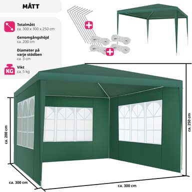 tectake Paviljong Baraban 3x3m med 3 sidopaneler - grön