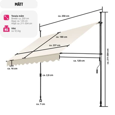 tectake Spännmarkis och soltak med handvev, höjdjusterbar - 250 x 180 cm, beige