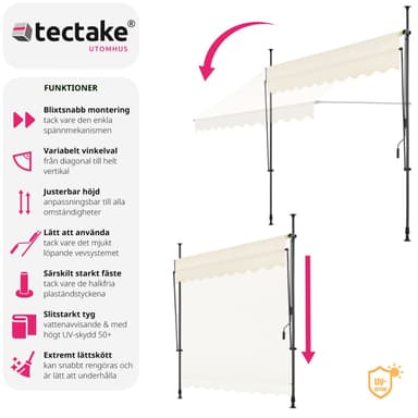 tectake Spännmarkis och soltak med handvev, höjdjusterbar - 250 x 180 cm, beige