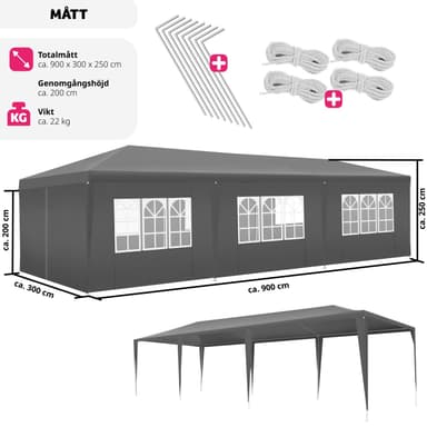 tectake Paviljong Elasa 9x3m med 8 sidopaneler - grå