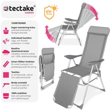 tectake Set med 2 trädgårdsstol Jana i aluminium med nackkudde och fotstöd - grå