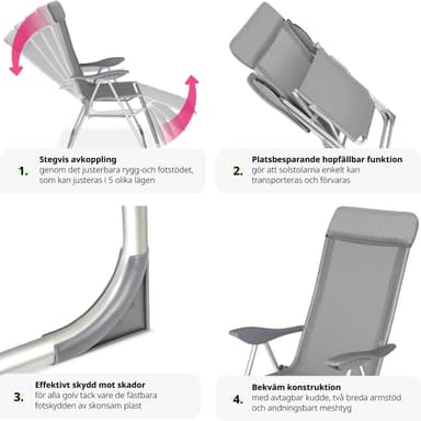 tectake Set med 2 trädgårdsstol Jana i aluminium med nackkudde och fotstöd - grå