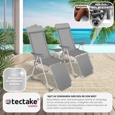 tectake Set med 2 trädgårdsstol Jana i aluminium med nackkudde och fotstöd - grå