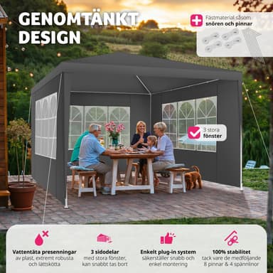 tectake Paviljong Baraban 3x3m med 3 sidopaneler - grå