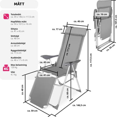 tectake Set med 2 trädgårdsstol Jana i aluminium med nackkudde och fotstöd - grå