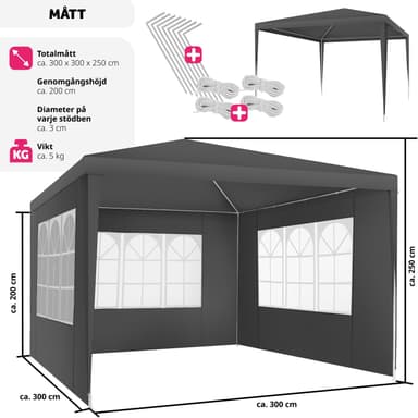 tectake Paviljong Baraban 3x3m med 3 sidopaneler - grå