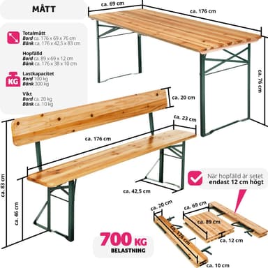 tectake Bord- och bänkset, 3-delad, med ryggstöd - brun