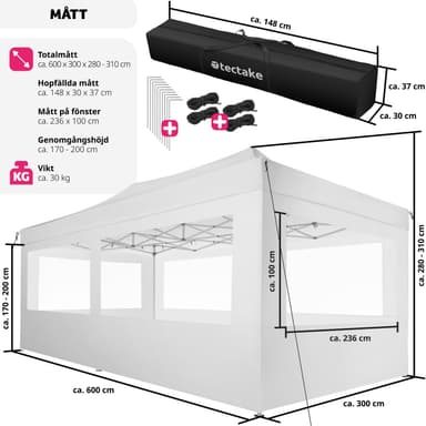 tectake Hopfällbar partytält Viola 3x6 m med 4 sidodelar - vit