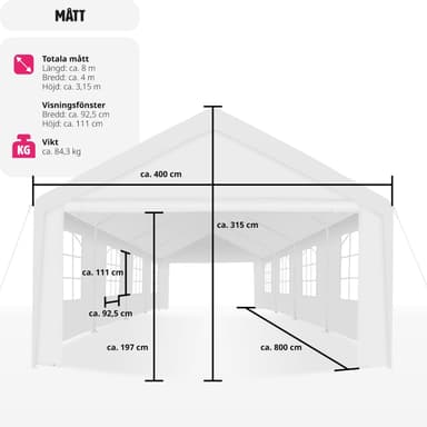 tectake Partytält, Paviljong Mammut 8x4m, stabil och vattentät - vit