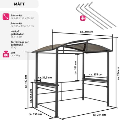 tectake Grillpaviljong Asado 2,4x1,5x2,34m - grå